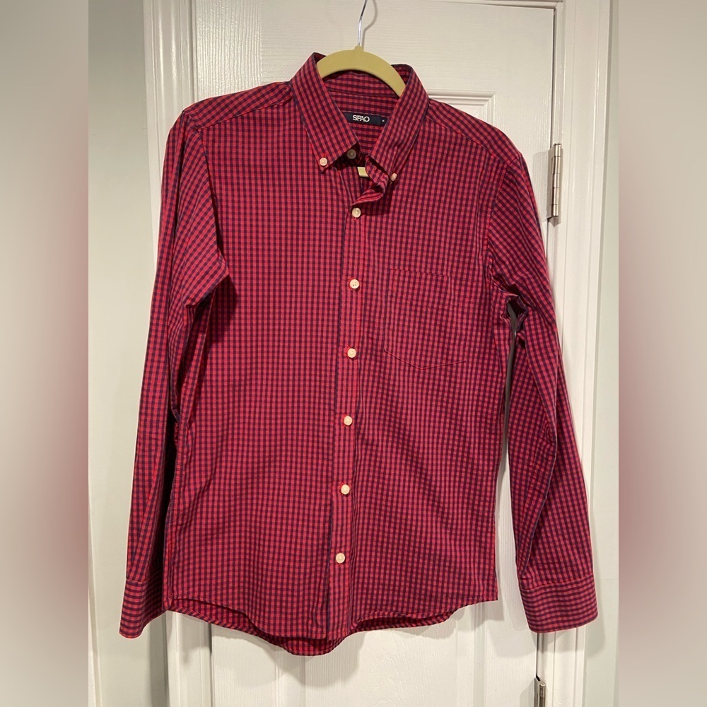 Spao Men’s Red Blue Check Button Down Cotton Collared Shirt Front Pocket Size M